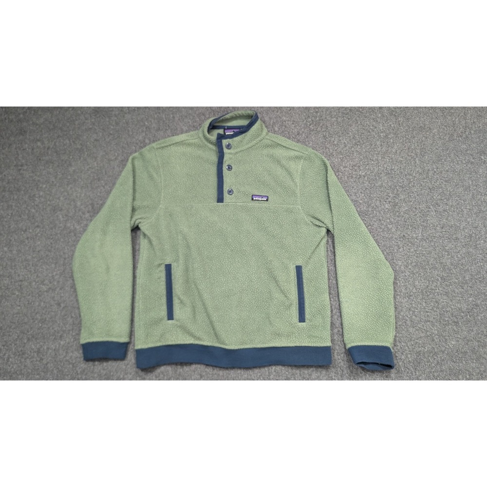 Patagonia Sweater‎ Mens Medium Green Blue Shearling Button Sedge Hiking Granola